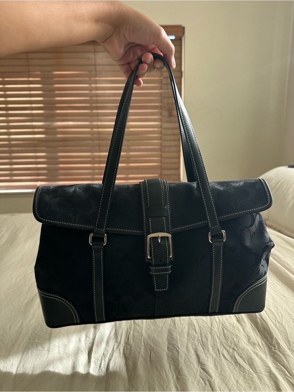 Coach Black Signature Canvas Shoulder Bag with Buckle Strap
